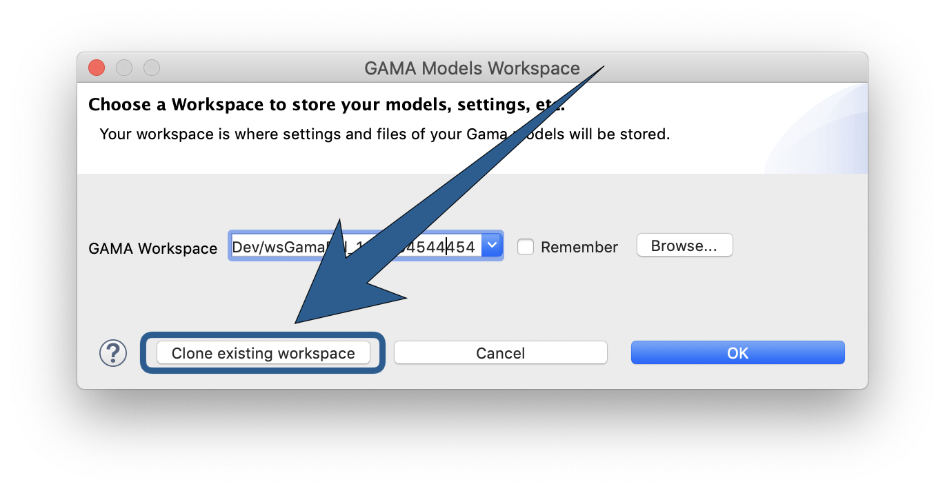Dialog box to choose to clone the current workspace in the path specified in the text field GAMA Workspace.